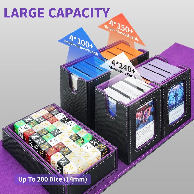 AFIING Commander Deck Box for MTG, Holds 400+ Double-Sleeved Cards, 4 Removable Deck Cases with Display Window, Dice Tray/Handle,Trading Card Storage Organizer/Dividers for TCG (Black Purple) - Image 3